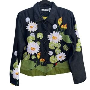 Blutique Silk Embroidered Water Lily Whimsical Jacket Black Floral Art to Wear M